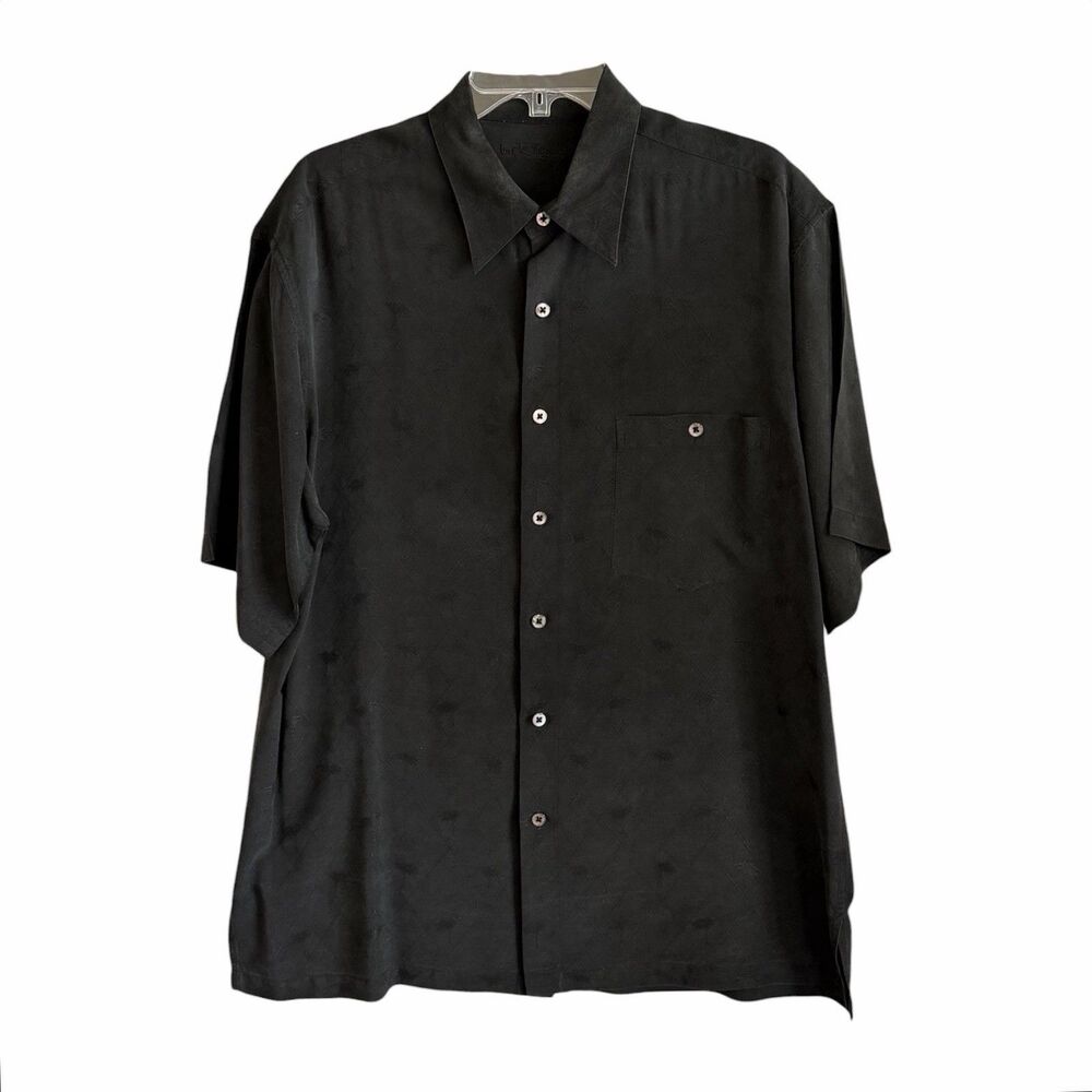 Tori Richard Silk Shirt Mens L Black Subtle Palm Trees Resortwear Button Up